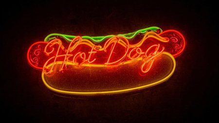 Neon sign of hotdog on dark background. Hot dog neon sign.の素材
