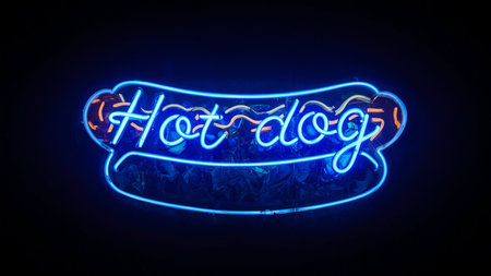 Hot dog neon sign. Glowing neon signboard on dark backgroundの素材