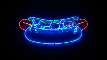 Neon sign of hot dog on black background. Street food concept.の素材