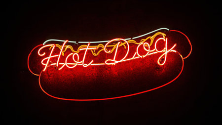 Neon sign with the word Hot Dog on a dark background.の素材