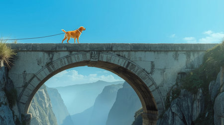 dog on the bridge in the mountains. 3d render image.の素材
