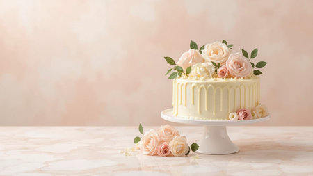 Cake with cream and roses on a pink background. Copy space.の素材