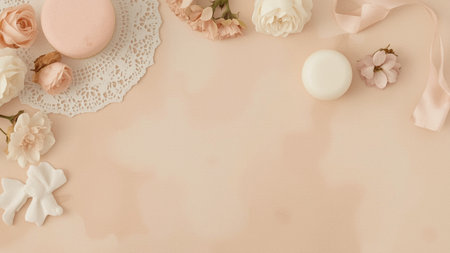 Flat lay composition with macaroons, flowers and ribbon on beige backgroundの素材