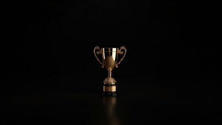 Golden trophy cup isolated on black background. 3d render illustration.の素材