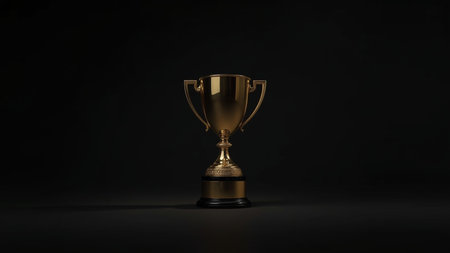 Trophy cup isolated on black background. 3d render. Award concept.の素材