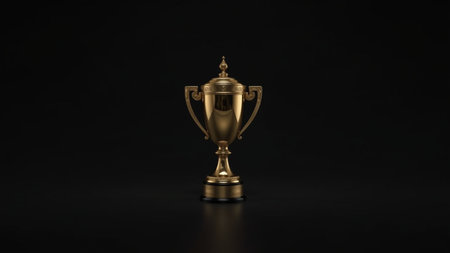 Golden trophy cup isolated on black background. 3D rendering illustration.の素材