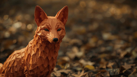 Funny fox made of paper in the autumn forest. Close-up.の素材