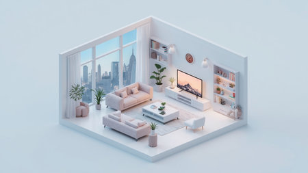 3d rendering of a modern living room with a view of the cityの素材