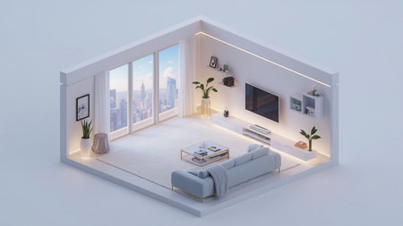 3d illustration of a modern living room interior with a large windowの素材