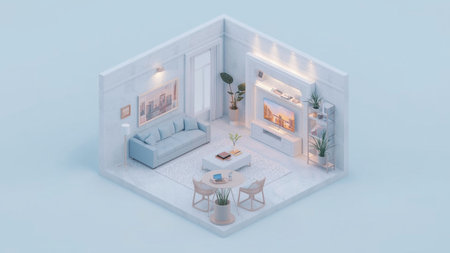 Living room with sofa, coffee table and TV. 3d illustrationの素材