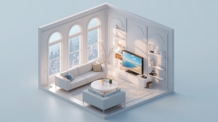 3d illustration of a modern living room with a view of the cityの素材
