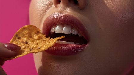 Close-up portrait of a beautiful sexy woman eating potato chips.の素材