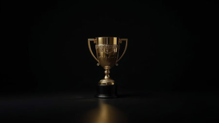 Golden trophy cup on black background. 3d render. Winner conceptの素材