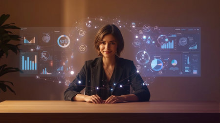 Businesswoman sitting at desk and working with new modern computer and business iconsの素材