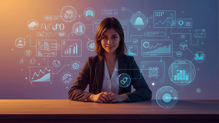 Businesswoman sitting at desk with digital business hologram concept on backgroundの素材
