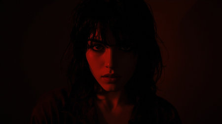 Portrait of a beautiful young woman in a dark room with red lightの素材