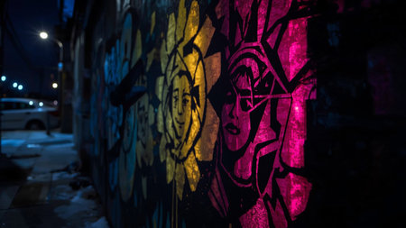 Graffiti on the wall in the night city. Street art concept.の素材