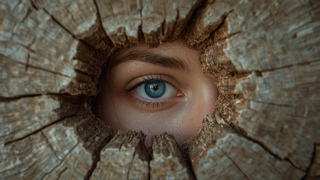 Close up of a woman's eye looking through a hole in a tree trunkの素材