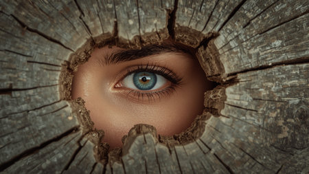 Close-up of a beautiful woman's eye looking through a hole in a tree trunkの素材