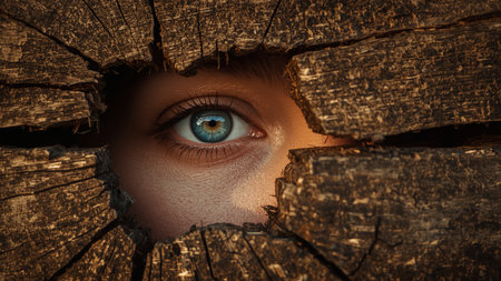 Close up of woman's eye looking through hole in old wooden wallの素材