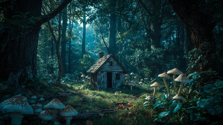 Mysterious forest with old house and mushrooms in the foreground.の素材