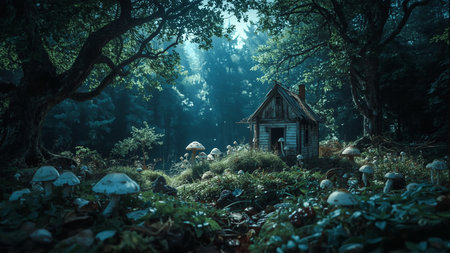 Mysterious forest with old wooden house and mushrooms in the fogの素材