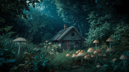 Mushroom house in the forest at night. Halloween concept.の素材