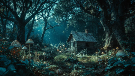 Fantasy forest with old wooden house and mushrooms. 3d renderingの素材