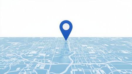 Modern 3D illustration of a stylized map featuring a prominent blue location pin marker placed at the center. The map is rendered in shades of blue with white lines representing streets or pathways, creating a clean and digital aesthetic. The central location pin suggests a point of interest, destination, or user position, making this image ideal for themes related to navigation, GPS technology, geolocation services, and travel planning.の素材
