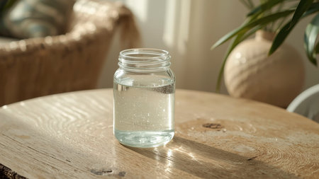 Elegant still life image featuring a clear glass jar filled with water, placed on a wooden surface and softly illuminated by natural sunlight. The light streams through a nearby window, casting gentle shadows and reflections across the table, while small air bubbles inside the jar add texture and visual interest.の素材