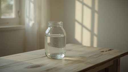 Elegant still life image featuring a clear glass jar filled with water, placed on a wooden surface and softly illuminated by natural sunlight. The light streams through a nearby window, casting gentle shadows and reflections across the table, while small air bubbles inside the jar add texture and visual interest.の素材