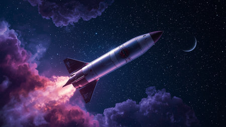Dynamic and visually captivating illustration of a rocket launching into space, set against a star-filled night sky. The rocket ascends with powerful purple and pink exhaust flames that illuminate the surrounding clouds, creating a dramatic contrast with the dark cosmic background.の素材