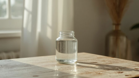 Elegant still life image featuring a clear glass jar filled with water, placed on a wooden surface and softly illuminated by natural sunlight. The light streams through a nearby window, casting gentle shadows and reflections across the table, while small air bubbles inside the jar add texture and visual interest.の素材