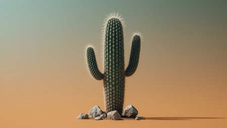 Minimalist desert scene featuring a single large saguaro cactus standing upright with three distinct arms, set against a serene gradient sky transitioning from pale blue to warm yellow near the horizon. The cactus rises from a sandy terrain scattered with small rocks, emphasizing its iconic silhouette and solitary presence in the arid environment.の素材