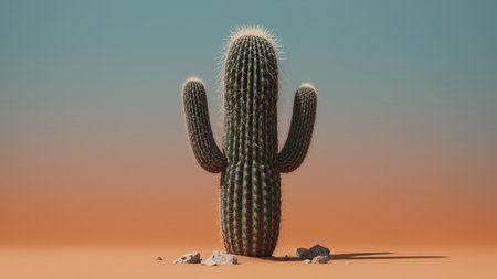 Minimalist desert scene featuring a single large saguaro cactus standing upright with three distinct arms, set against a serene gradient sky transitioning from pale blue to warm yellow near the horizon. The cactus rises from a sandy terrain scattered with small rocks, emphasizing its iconic silhouette and solitary presence in the arid environment.の素材