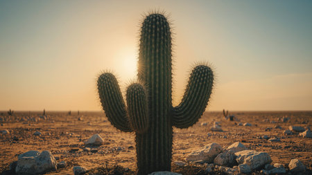 Minimalist desert scene featuring a single large saguaro cactus standing upright with three distinct arms, set against a serene gradient sky transitioning from pale blue to warm yellow near the horizon. The cactus rises from a sandy terrain scattered with small rocks, emphasizing its iconic silhouette and solitary presence in the arid environment.の素材