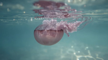Stunning underwater close-up of a translucent jellyfish floating gracefully near the ocean surface. The jellyfish features a dome-shaped bell with a soft pink hue and long, delicate tentacles trailing beneath, creating an elegant and ethereal look. The surrounding water is crystal clear with a turquoise tint, allowing light reflections to dance across the scene and highlight the jellyfish's intricate anatomy.の素材