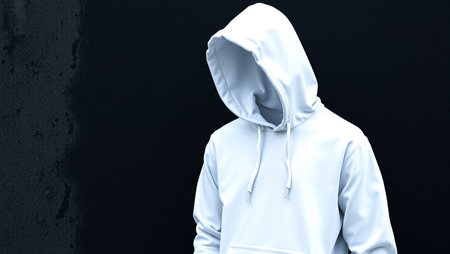 Striking conceptual image featuring a white hooded sweatshirt worn by a faceless figure, set against a dark, minimalist background. The hoodie is clean and smooth, with drawstrings hanging naturally, while the head and face are completely absent, creating a surreal and mysterious visual effect.の素材