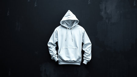 Striking conceptual image featuring a white hooded sweatshirt worn by a faceless figure, set against a dark, minimalist background. The hoodie is clean and smooth, with drawstrings hanging naturally, while the head and face are completely absent, creating a surreal and mysterious visual effect.の素材