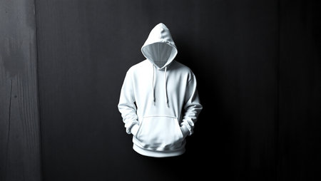 Striking conceptual image featuring a white hooded sweatshirt worn by a faceless figure, set against a dark, minimalist background. The hoodie is clean and smooth, with drawstrings hanging naturally, while the head and face are completely absent, creating a surreal and mysterious visual effect.の素材