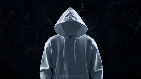 Striking conceptual image featuring a white hooded sweatshirt worn by a faceless figure, set against a dark, minimalist background. The hoodie is clean and smooth, with drawstrings hanging naturally, while the head and face are completely absent, creating a surreal and mysterious visual effect.の素材