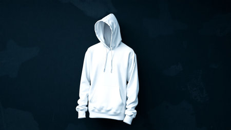 Striking conceptual image featuring a white hooded sweatshirt worn by a faceless figure, set against a dark, minimalist background. The hoodie is clean and smooth, with drawstrings hanging naturally, while the head and face are completely absent, creating a surreal and mysterious visual effect.の素材