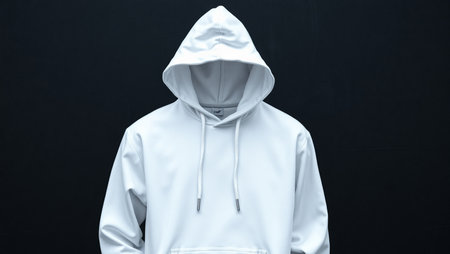 Striking conceptual image featuring a white hooded sweatshirt worn by a faceless figure, set against a dark, minimalist background. The hoodie is clean and smooth, with drawstrings hanging naturally, while the head and face are completely absent, creating a surreal and mysterious visual effect.の素材