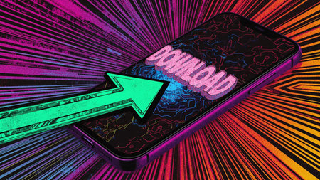 Eye-catching graphic illustration of a smartphone screen displaying the word âDownloadâ in bold, cursive red and yellow text against a bright blue background. The design features dynamic radiating lines in blue and purple tones, creating a sense of motion and urgency.の素材