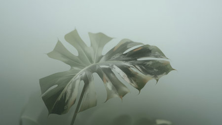 Detailed close-up of a Monstera delicious leaf showcasing its iconic natural holes and splits. The leaf is rich green with subtle brown edges, suggesting natural aging or environmental wear. Set against a softly blurred background with gentle gradients of light green and blue, the composition evokes a tranquil, misty atmosphere.の素材