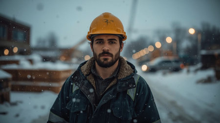 Powerful outdoor scene showing a construction worker wearing a yellow hard hat and a winter jacket, standing in a snowy environment. Snowflakes fall gently around the figure, while construction materials and equipment are visible in the blurred background, suggesting an active worksite.の素材