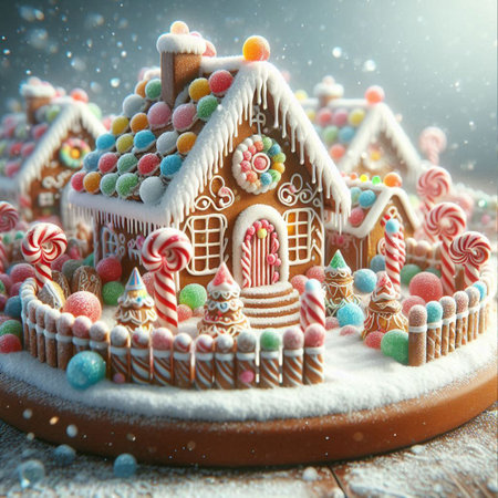 Christmas gingerbread house with candies and lollipop in snowの素材