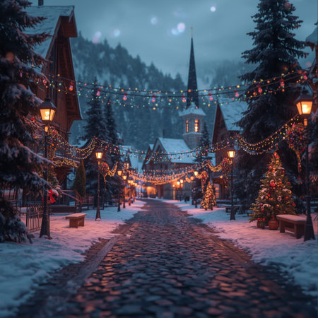 Beautiful winter night in the old town of Carpathians, Ukraineの素材