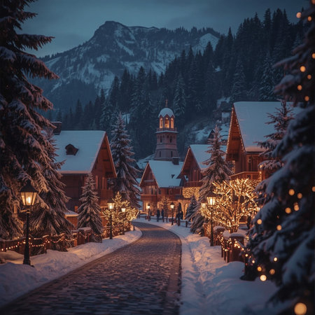 Mountain village at night with Christmas lights. Winter landscape.の素材