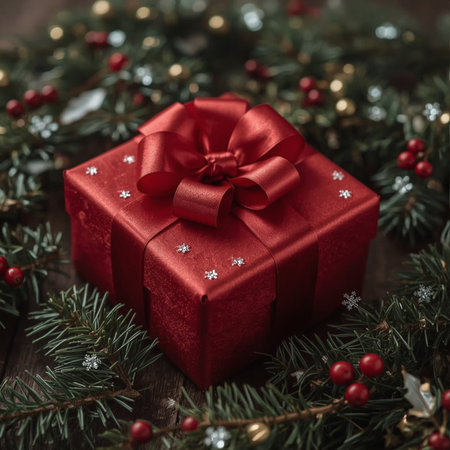 Christmas gift box with red ribbon and christmas tree branches on wooden backgroundの素材